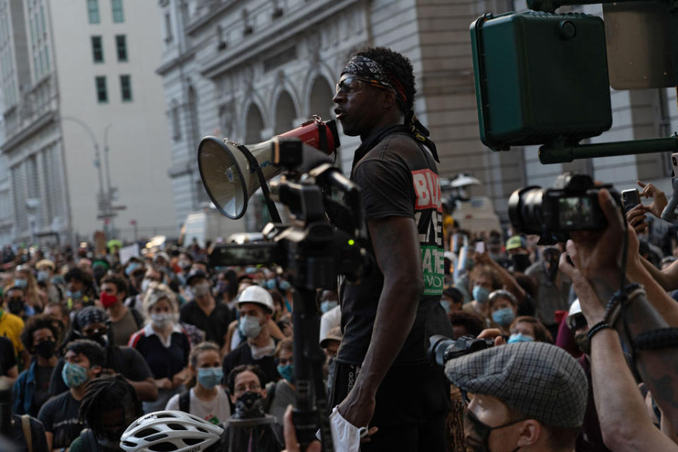 Protestors from Black Lives Matter and other groups gather outside New York City Hall. (Photo: Ron Adar/SOPA Images/LightRocket via Getty Images)