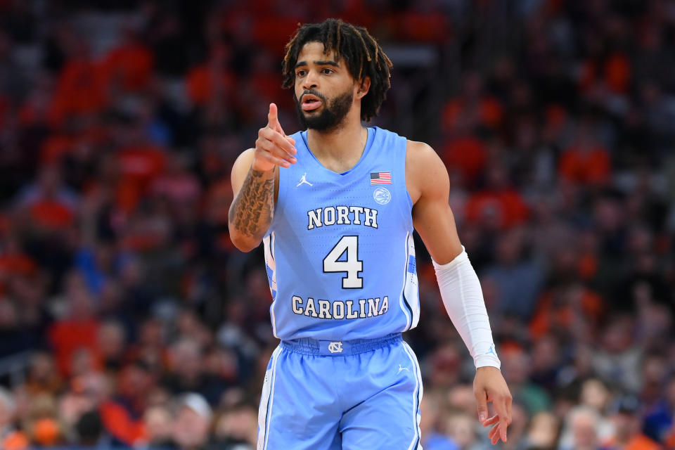 North Carolina Tar Heels guard RJ Davis (4) reacts to a play against the Syracuse Orange during the first half at the JMA Wireless Dome. Rich Barnes-USA TODAY Sports