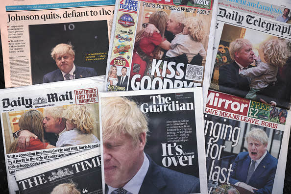 <div class="inline-image__caption"><p>A photo illustration of British newspaper front pages following yesterday's resignation speech by Boris Johnson, on July 8, 2022 in London, England.</p></div> <div class="inline-image__credit">Dan Kitwood/Getty Images</div>