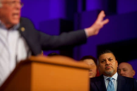 (R) Democrat Greg Edwards, Pennsylvania's 7th District Congressional candidate, listens to U.S. Senator Bernie Sanders during a rally in Allentown, Pennsylvania, U.S. May 5, 2018. Picture taken May 5, 2018. REUTERS/Mark Makela