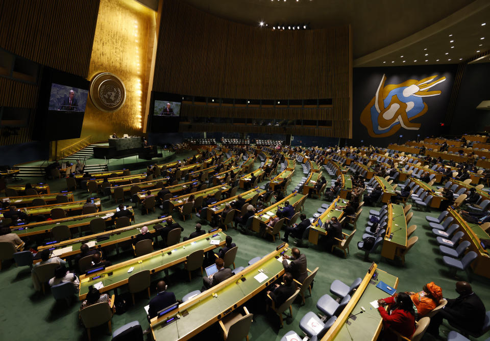 United Nations Secretary-General Antonio Guterres speaks at a High-level meeting to commemorate the twentieth anniversary of the adoption of the Durban Declaration during the 76th Session of the U.N. General Assembly at United Nations headquarters in New York, on Wednesday, Sept. 22, 2021. (John Angelillo/Pool Photo via AP)