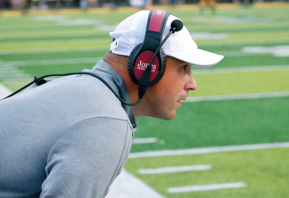 Sep 17, 2022; Boone, North Carolina, USA; Troy Trojans head coach Jon Sumrall watches the action during the second half against the Appalachian State Mountaineers at Kidd Brewer Stadium. Mandatory Credit: Reinhold Matay-USA TODAY Sports