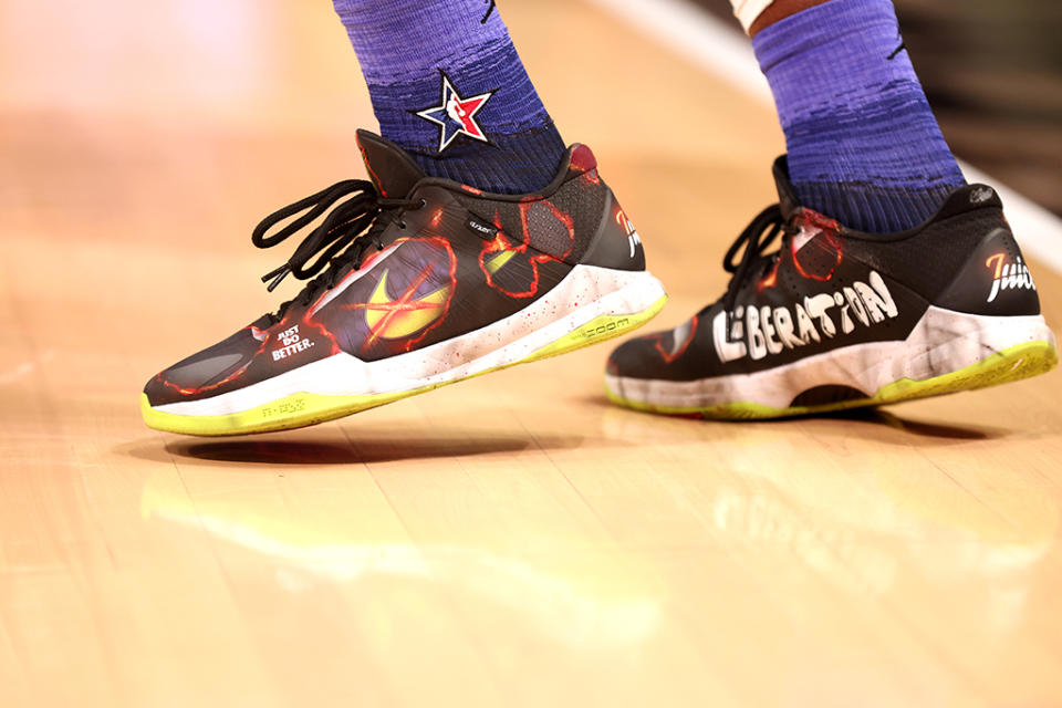 Jaylen Brown in a custom Nike Kobe 5 during the 2023 NBA All-Star Game. - Credit: Tim Nwachukwu/Getty Images