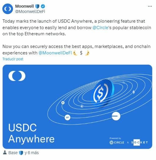 Moonwell ofrece préstamos con USDC a través de “USDC Anywhere”