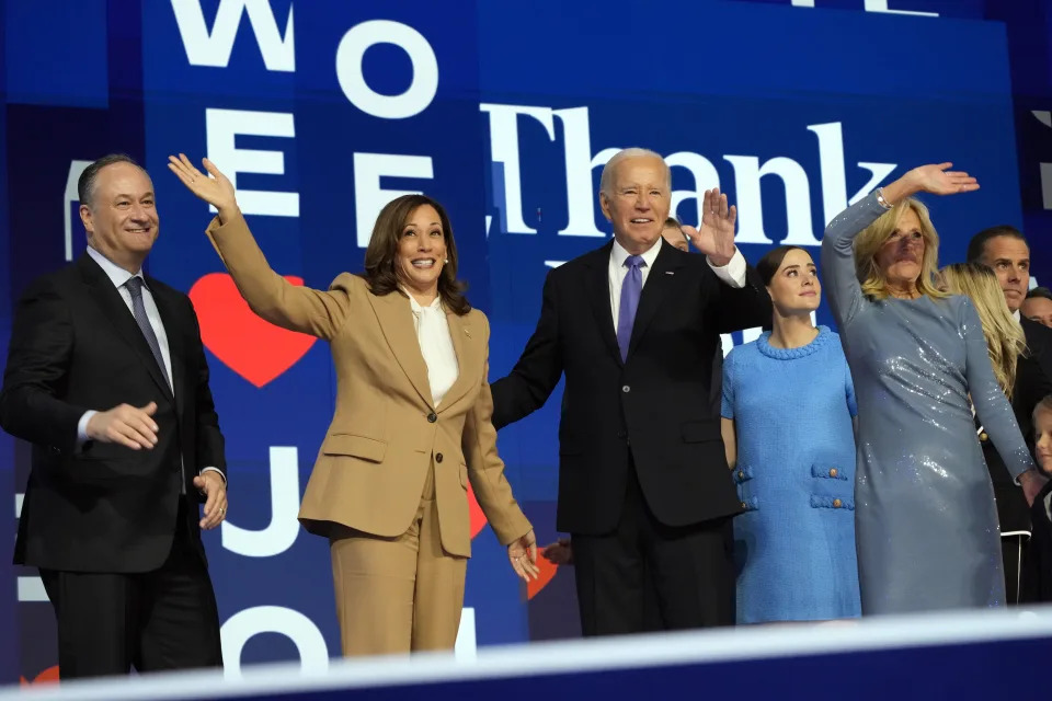 President Joe Biden and first lady Jill Biden stand on stage with Democratic presidential nominee Vice President Kamala Harris and second gentleman Doug Emhoff during the first day of Democratic National Convention, Monday, Aug. 19, 2024, in Chicago. (AP Photo/Jacquelyn Martin)