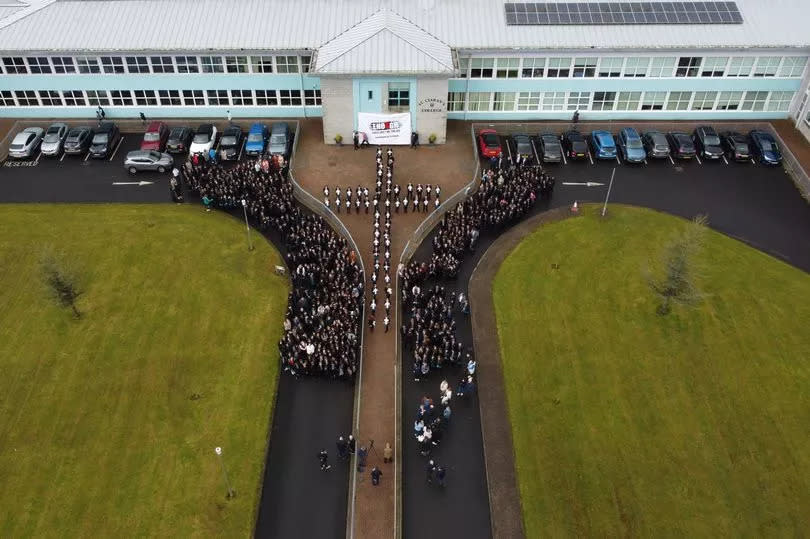 Pupils at St Ciaran's College Ballygawley during a demonstration calling for progress on the A5