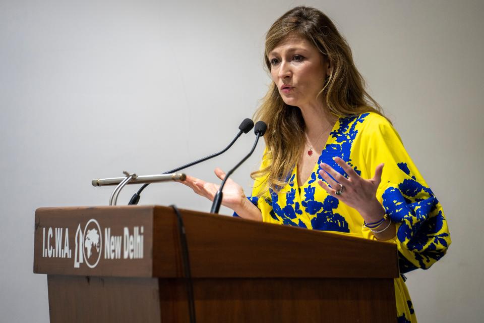 First Deputy Foreign Minister of Ukraine Emine Dzhaparova delivers a talk at an event in New Delhi (Copyright 2023 The Associated Press. All rights reserved.)