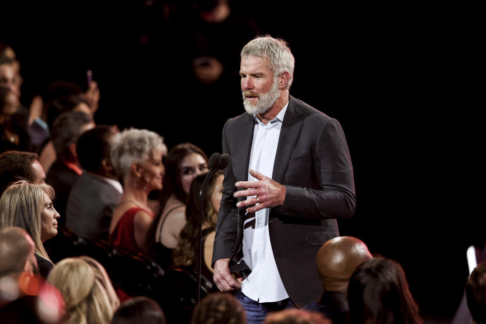 Brett Favre presents at the NFL Honors show on Feb. 10, 2022, in Inglewood, Calif. (Michael Owens / Getty Images file)