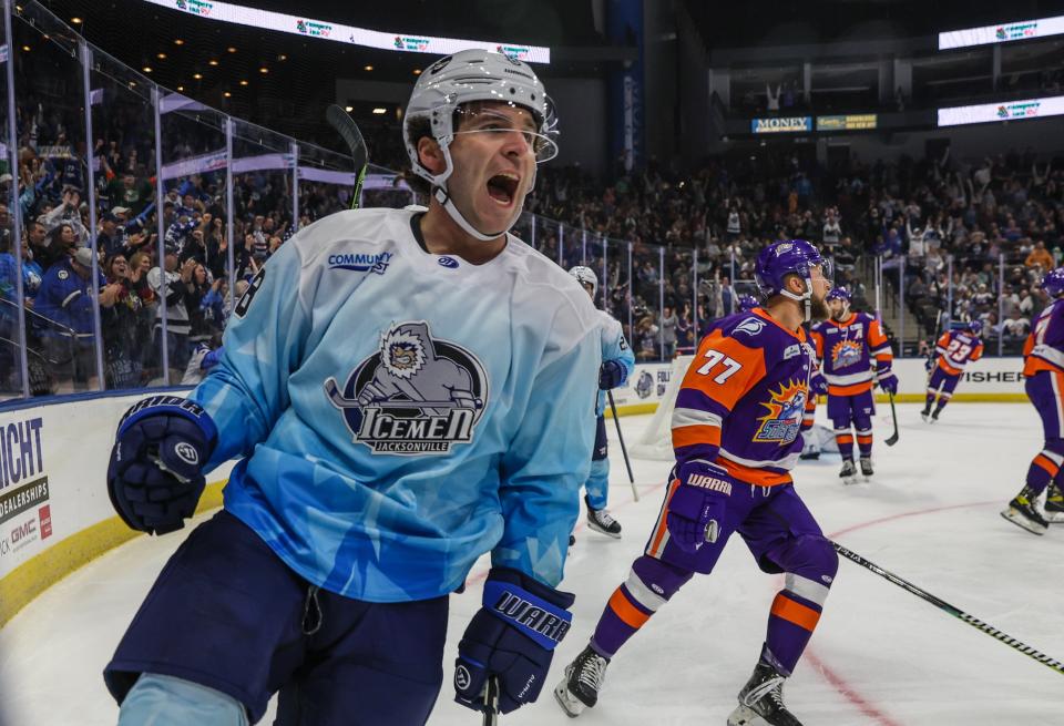 Jacksonville Icemen forward Alex Whelan (8), celebrates his first period goal during an ECHL hockey game against the Orlando Solar Bears at Veterans Memorial Arena in Jacksonville, Fla., Saturday, Oct. 22, 2022.  [Gary Lloyd McCullough/For the Jacksonville Icemen]