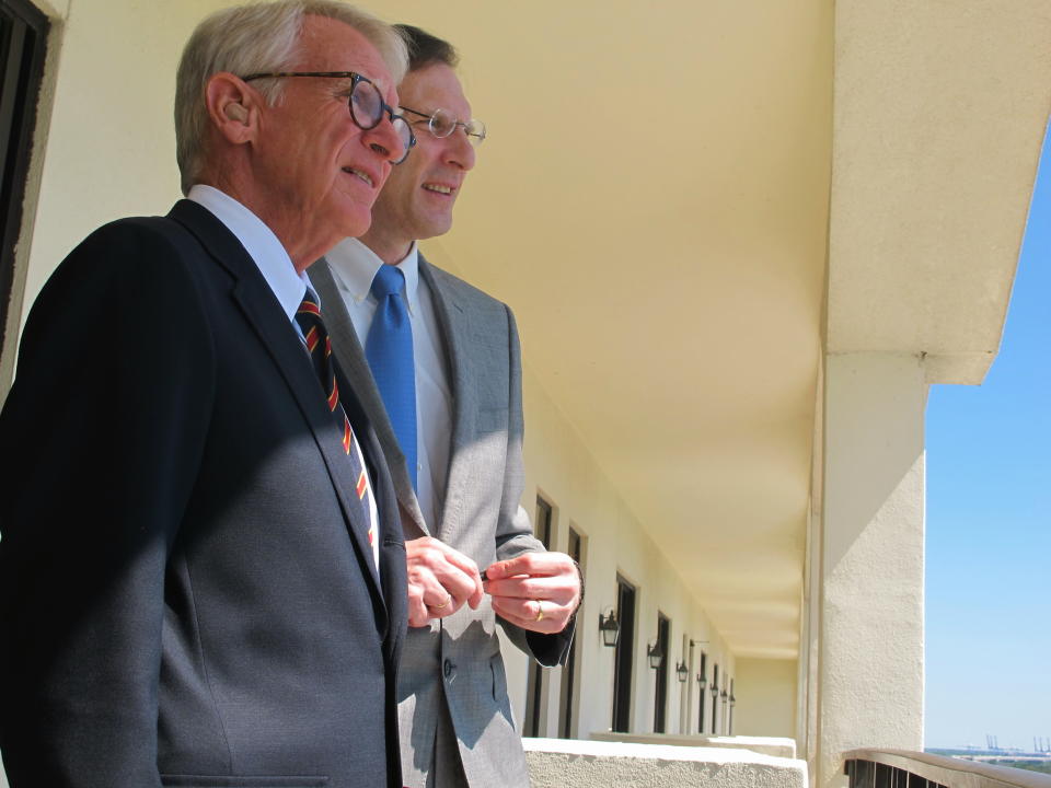 Charleston Mayor Joe Riley, left, and Medical University of South Carolina President Raymond Greenberg look out from a hotel penthouse on Monday, Sept. 10, 2012 over Horizon District in Charleston, S.C. Officials announced plans for a $1 billion, 20-year joint development project that could be the biggest in Charleston history. (AP Photo/Bruce Smith)