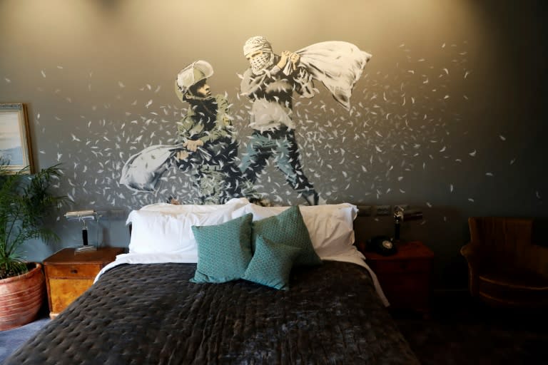 Banksy's newly opened Walled Off hotel in the West Bank town of Bethlehem, has graffiti inside the hotel guest rooms