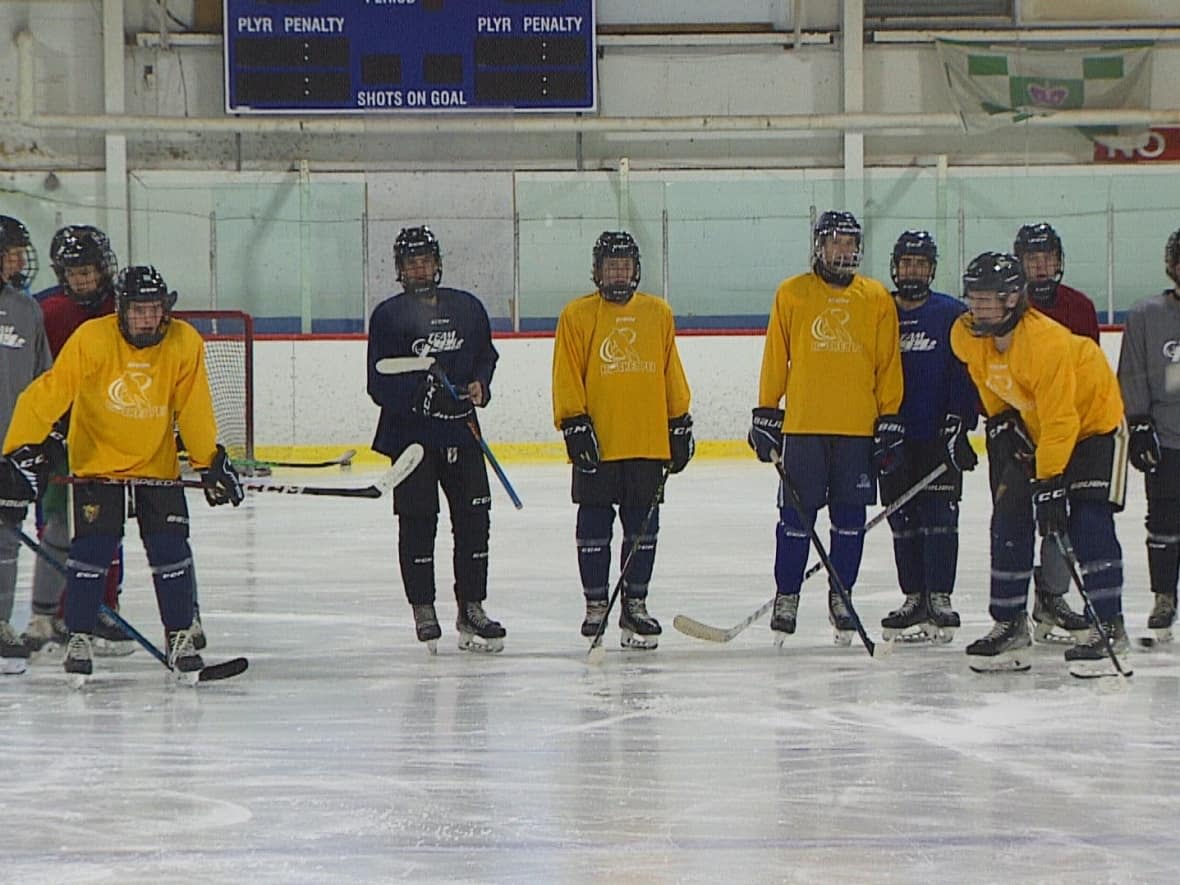 P.E.I.'s hockey team practises in preparation for the Canada Games. The men's hockey competition begins Sunday. (CBC - image credit)