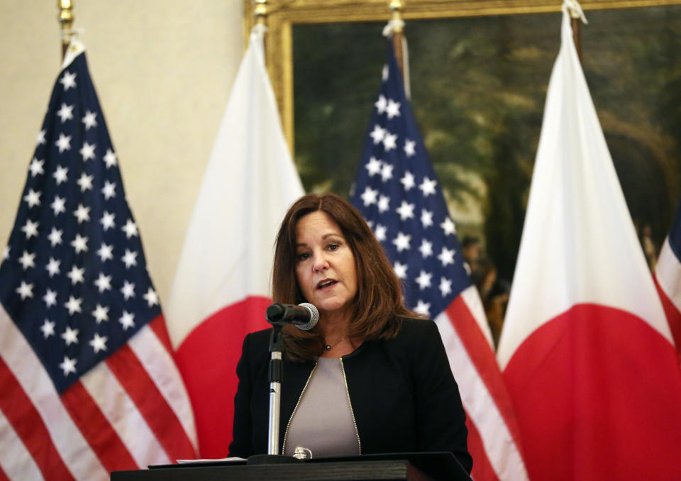 Second lady of the United States Karen Pence delivers a speech during an art therapy grant event at the residence of U.S ambassador to Japan in Tokyo, Tuesday, Nov. 13, 2018. (AP Photo/Koji Sasahara)