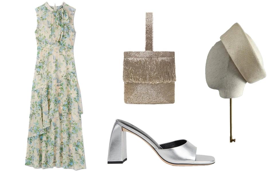 Silk blend dress, £499, LK Bennett; Beaded bag, £100, Rixo; Leather shoes, £325, By Far; Straw pillbox, £395, Jane Taylor London