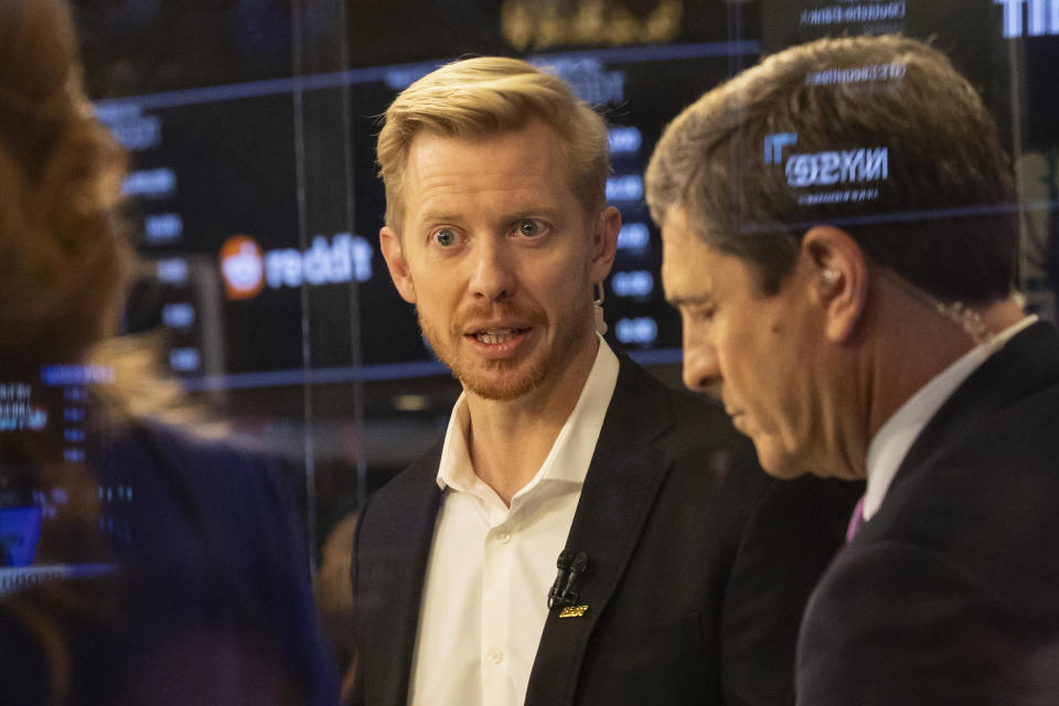 Reddit CEO Steve Huffman is seen on the New York Stock Exchange trading floor, prior to his company's IPO, Thursday, March. 21, 2024. (AP Photo/Yuki Iwamura)