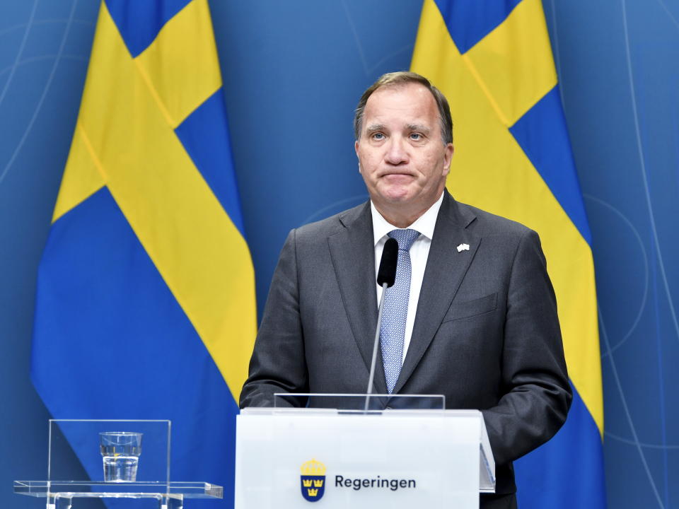 Sweden's Prime Minister Stefan Lofven during a media conference after the no-confidence voting in the Swedish Parliment, Stockholm, Monday June 21, 2021. Stefan Lofven, Sweden’s Social Democratic prime minister since 2014, lost a confidence vote in parliament Monday. (Anders Wiklund / TT via AP)