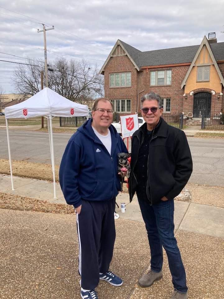 Volunteers Hank Needham and Steve Jackson helped collect donations for the Fort Smith Salvation Army Red Kettle Campaign outside the McCutchen law office in north Fort Smith, Tuesday, Dec. 20, 2022. Donations were reportedly down for the holiday, seasonal drive.