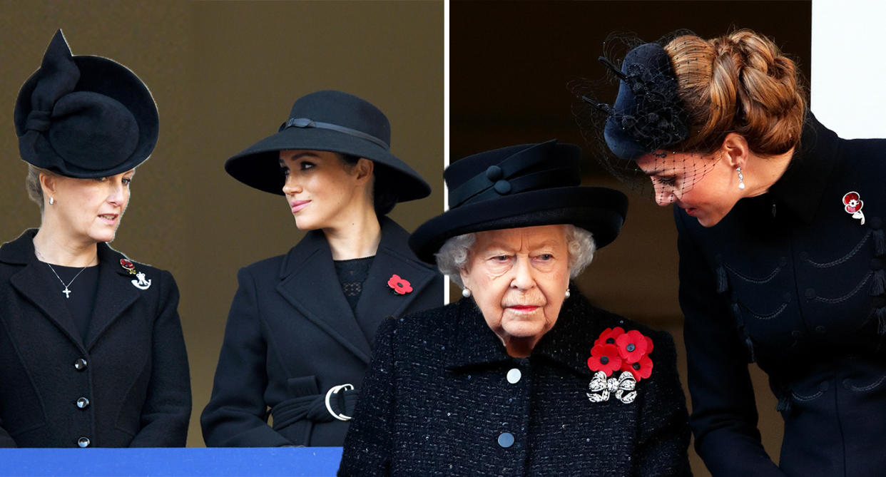 The Duchess of Cambridge and the Duchess of Sussex were positioned on different balconies for yesterday's Remembrance Service [Photo: Getty]