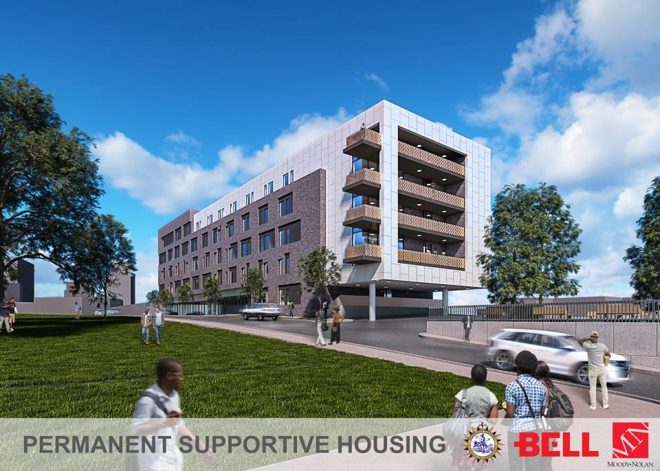A rendering depicts the First Avenue view of a new 90-unit permanent supportive housing center at 600 2nd Ave. North in Nashville, Tennessee. The $25 million center will provide housing and on-site support services for Nashville residents experiencing chronic homelessness and is slated to open in fall 2023.
