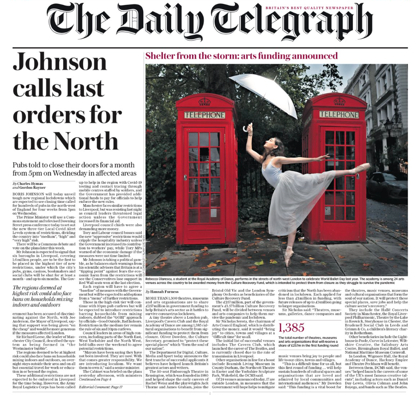 The Telegraph leads on Boris Johnson closing pubs in the North of England under the new three-tier lockdown.