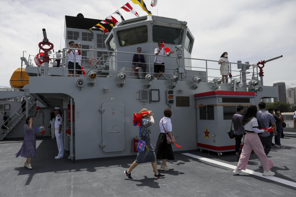 Visitors tour on board the Chinese naval training ship, Qi Jiguang, after docking for a goodwill visit at Manila's port, Philippines Wednesday, June 14, 2023. The Chinese navy training ship made a port call in the Philippines on Wednesday, its final stop on a goodwill tour of four countries as Beijing looks to mend fences in the region. (AP Photo/Basilio Sepe)