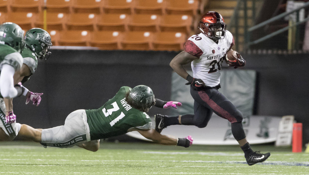 San Diego State running back Rashaad Penny (20) was the Seahawks' first-round pick. (AP)