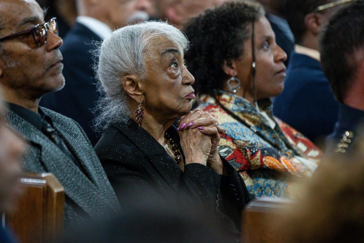 Dexter-Elmhurst resident Helen Moore listens as Mayor Mike Duggan speaks during the State of the City address at Dexter Avenue Baptist Church in Detroit on Wednesday, April 17, 2024.