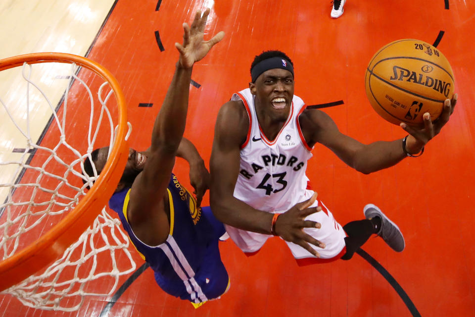 Pascal Siakam #43 of the Toronto Raptors attempts a lay up against the Golden State Warriors in the first half during Game 1 of the 2019 NBA Finals at Scotiabank Arena on May 30, 2019 in Toronto. (Photo by Gregory Shamus/Getty Images)