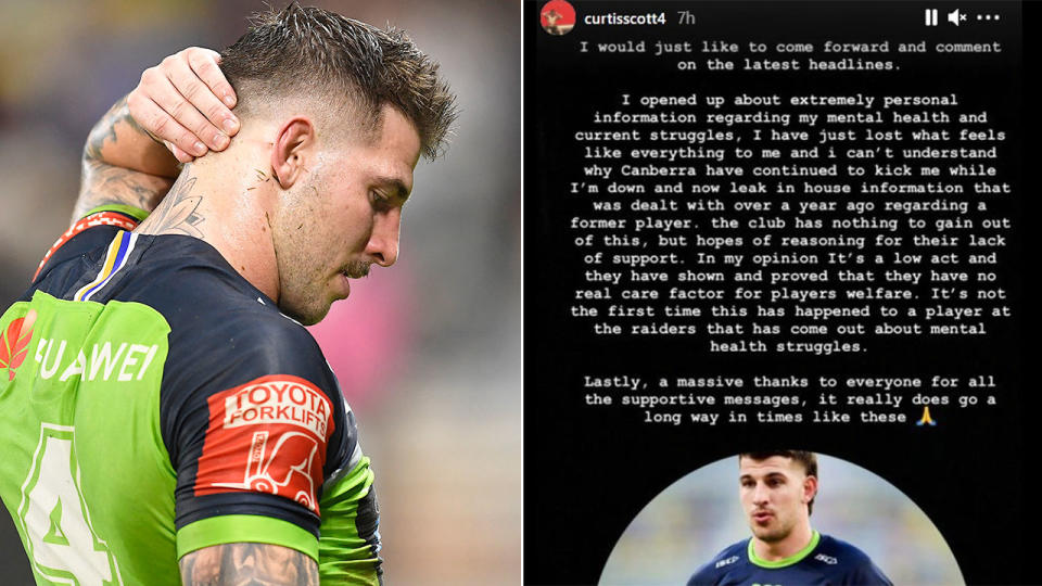 Seen here, Curtis Scott and his social media post about former club, the Canberra Raiders.