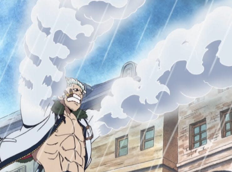 captain smoker in the one piece anime. he's a man with white hair, two cigars in his mouth, and smoke billowing where his arms should be