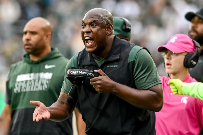 Michigan State's head coach Mel Tucker calls out players after Minnesota touchdown during the fourth quarter on Saturday, Sept. 24, 2022, at Spartan Stadium in East Lansing.