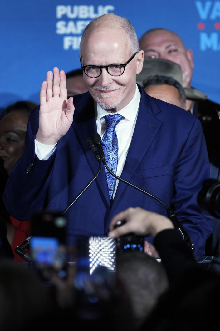 Chicago mayoral candidate Paul Vallas waves to supporters at his election night event in Chicago, Tuesday, Feb. 28, 2023. Mayor Lori Lightfoot conceded defeat Tuesday night, ending her efforts for a second term and setting the stage for Cook County Commissioner Brandon Johnson to run against former Chicago Public Schools CEO Vallas for Chicago mayor. (AP Photo/Nam Y. Huh)
