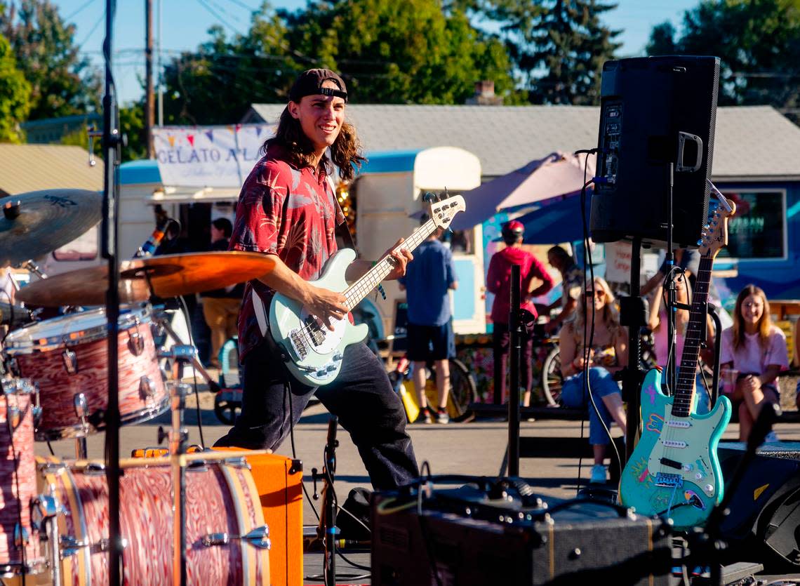 Leading Lines perform on a stage outside of Push & Pour at Flipside Fest in the Live-Work-Create District of Garden City on Sept. 23, 2022. The new festival, featuring live music from local and international bands, was created by the producers of the annual Treefort Music Fest.