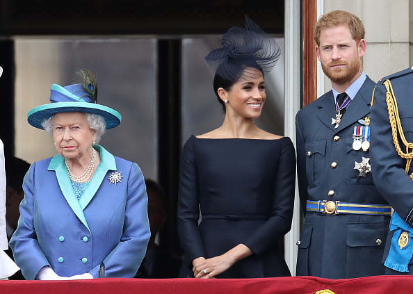 <div class="inline-image__caption"><p>Queen Elizabeth II, Prince Harry, Duke of Sussex and Meghan, Duchess of Sussex on the balcony of Buckingham Palace as the Royal family attend events to mark the Centenary of the RAF on July 10, 2018 in London, England.</p></div> <div class="inline-image__credit">Chris Jackson/Getty Images</div>