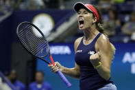 Danielle Collins, of the United States, reacts to winning the first set against Caroline Wozniacki, of Denmark, during the second round of the U.S. Open tennis tournament Thursday, Aug. 29, 2019, in New York. (AP Photo/Adam Hunger)