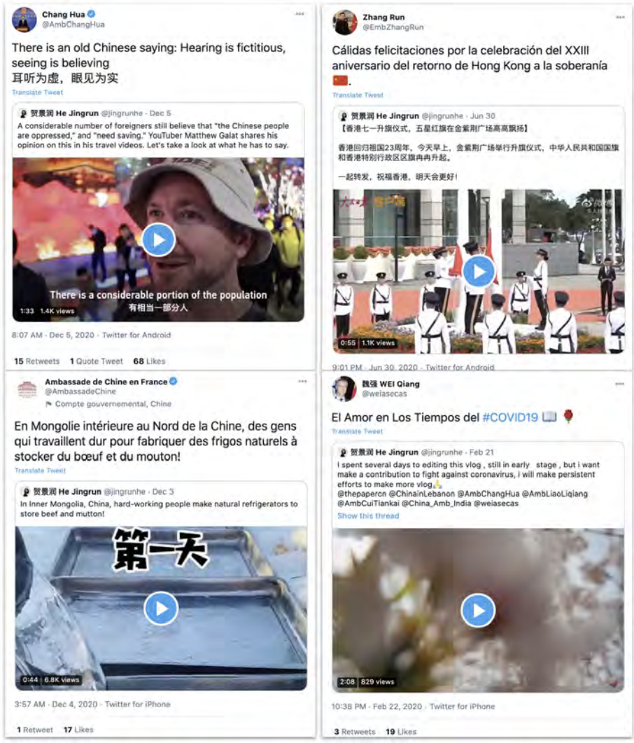 Tweets by He Jingrun being quoted by Chinese officials. Clockwise from the top left, the ambassador to Iran, the ambassador to the Dominican Republic, the ambassador to Panama and the embassy to France. Source: Graphika