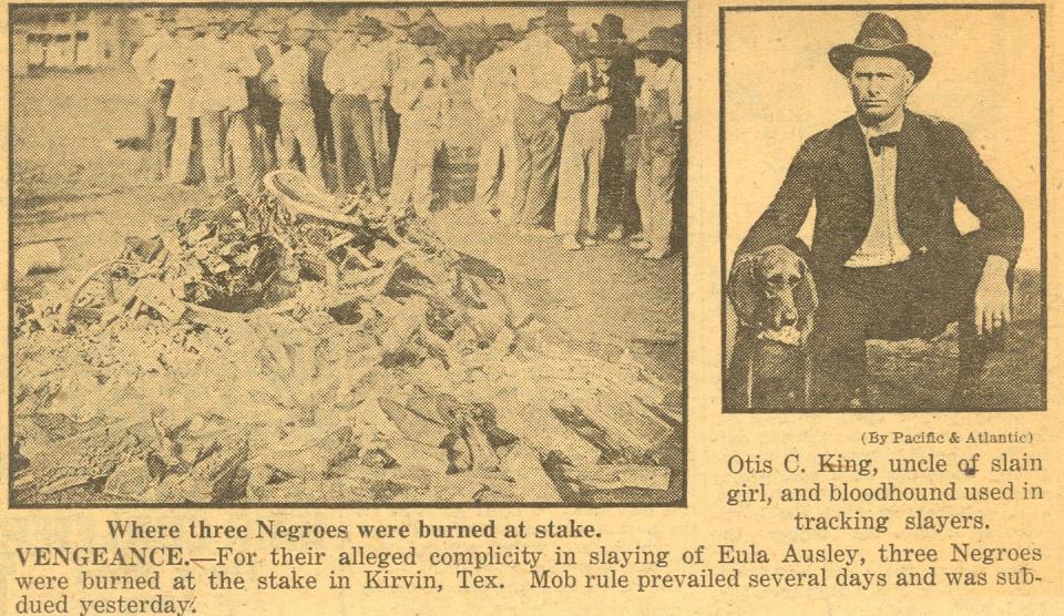 <span class="caption">In this image of a May 6, 1922, newspaper, a photo caption reads ‘Where three Negroes were burned at stake’ in Kirvin, Texas.</span> <span class="attribution"><a class="link " href="https://credo.library.umass.edu/view/full/mums312-b167-i048" rel="nofollow noopener" target="_blank" data-ylk="slk:W.E.B. Du Bois Papers">W.E.B. Du Bois Papers</a></span>
