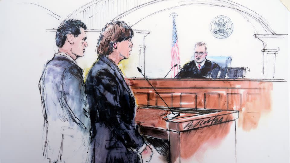 In this courtroom sketch, defense attorney Michael G. Freedman, left, and Ippei Mizuhara appear in front of US District Judge John Holcomb in federal court in Los Angeles on Tuesday. - Bill Robles/AP