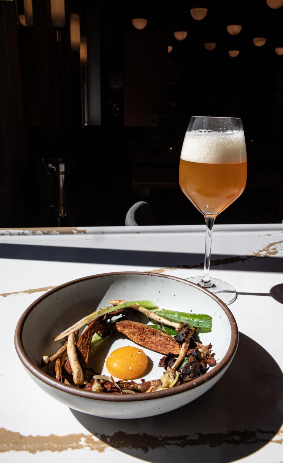 Mushrooms with salt cured egg yolk and scallions at Miles the Prince, a new restaurant in North White Plains, photographed Sept. 20, 2023