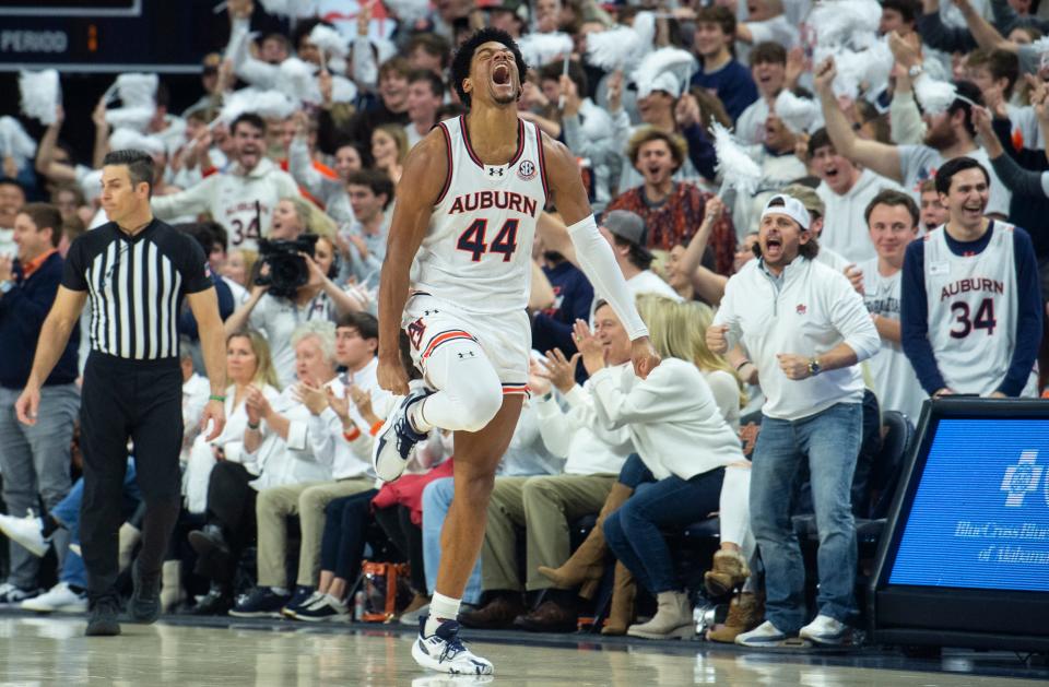 Auburn Tigers center Dylan Cardwell (44) celebrates after making two consecutive blocks on defense as Auburn Tigers take on LSU Tigers at Neville Arena in Auburn, Ala., on Saturday, Jan. 13, 2024. Auburn Tigers lead LSU Tigers 51-34 at halftime.