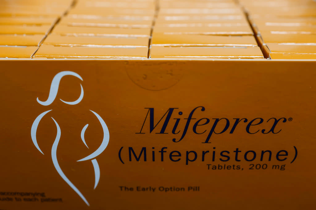 In this photo illustration, packages of Mifepristone tablets are displayed at a family planning clinic in Rockville, Maryland. (Photo illustration by Anna Moneymaker/Getty Images)