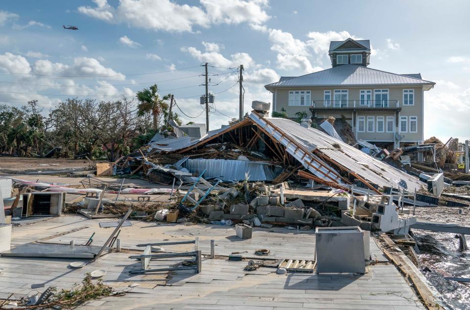 Roy's Restaurant in Steinhatchee, just rebuilt after Hurricane Idalia, lies in ruins Friday after being hit by Hurricane Helene.