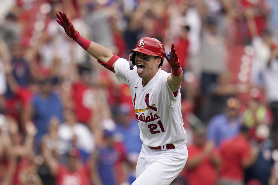 St. Louis Cardinals' Lars Nootbaar celebrates after hitting a walk-off single to score Nolan Arenado during the ninth inning in the first game of a baseball doubleheader against the Chicago Cubs Thursday, Aug. 4, 2022, in St. Louis. (AP Photo/Jeff Roberson)