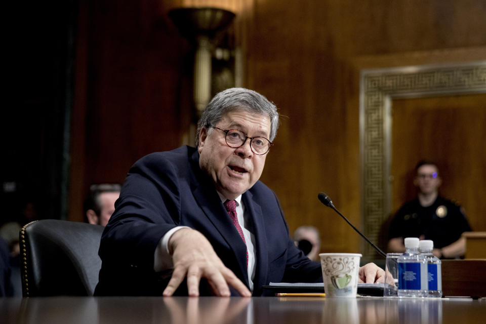 Attorney General William Barr testifies during a Senate Judiciary Committee hearing on Capitol Hill in Washington, Wednesday, May 1, 2019, on the Mueller report. (AP Photo/Andrew Harnik)