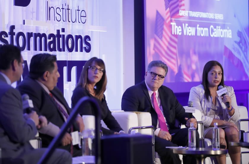 LOS ANGELES, CALIF. -- WEDNESDAY, OCT. 18, 2017: From left: Los Angeles Times Sacramento Bureau Chief John Myers moderates a political panel discussion with Republican strategist Luis Alvarado, UCLA political scientist Lynn Vavreck, Sen. Robert Hertzberg (D-Van Nuys), and Alma Hernandez, executive director of SEIU California, at the Hotel Indigo Los Angeles. Photos taken Tuesday, Oct. 17, 2017. (Allen J. Schaben / Los Angeles Times)