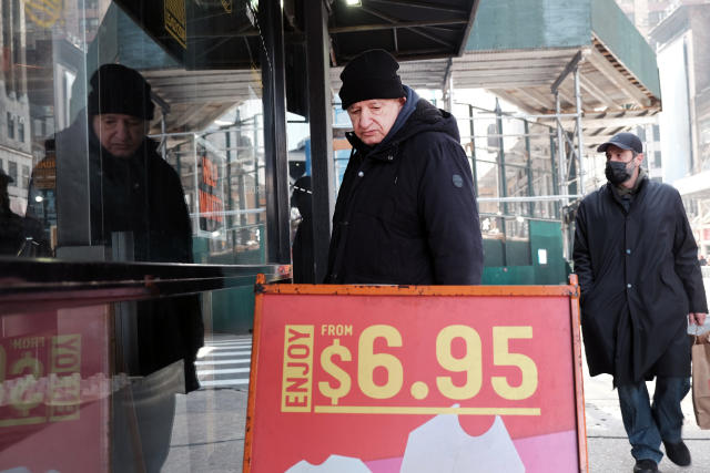 NEW YORK CITY - JANUARY 12: Prices are displayed outside of a Manhattan business on January 12, 2022 in New York City. Newly released data shows that inflation grew at its fastest 12-month pace in nearly 40 years during the month of December. It showed a 7% jump from a year earlier, as prices rose on everything from gas to furniture for American shoppers. (Photo by Spencer Platt/Getty Images)