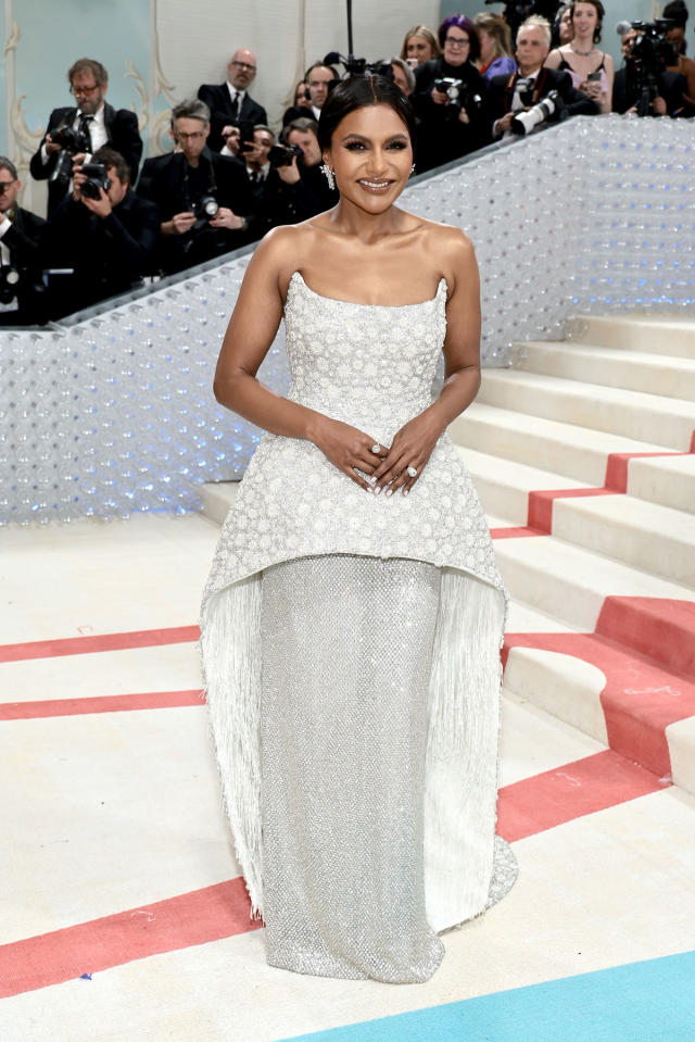 Mindy&#39;s strapless gown was extremely elegant. Photo: Getty
