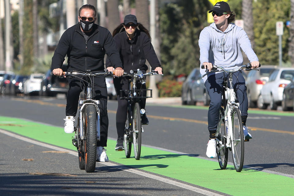 <p>Arnold Schwarzenegger enjoys a bike ride with son Patrick and daughter Christina in L.A.</p>