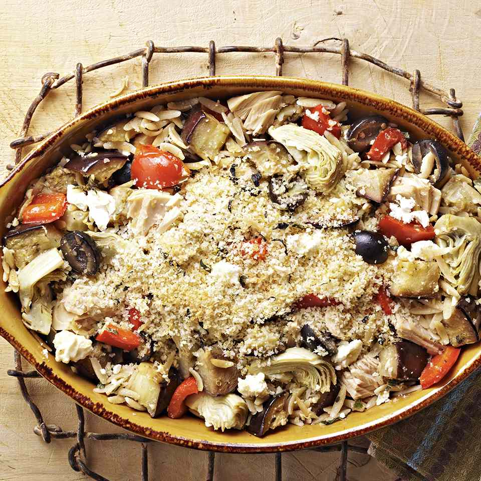 Tuna Casserole with Orzo, Eggplant & Feta