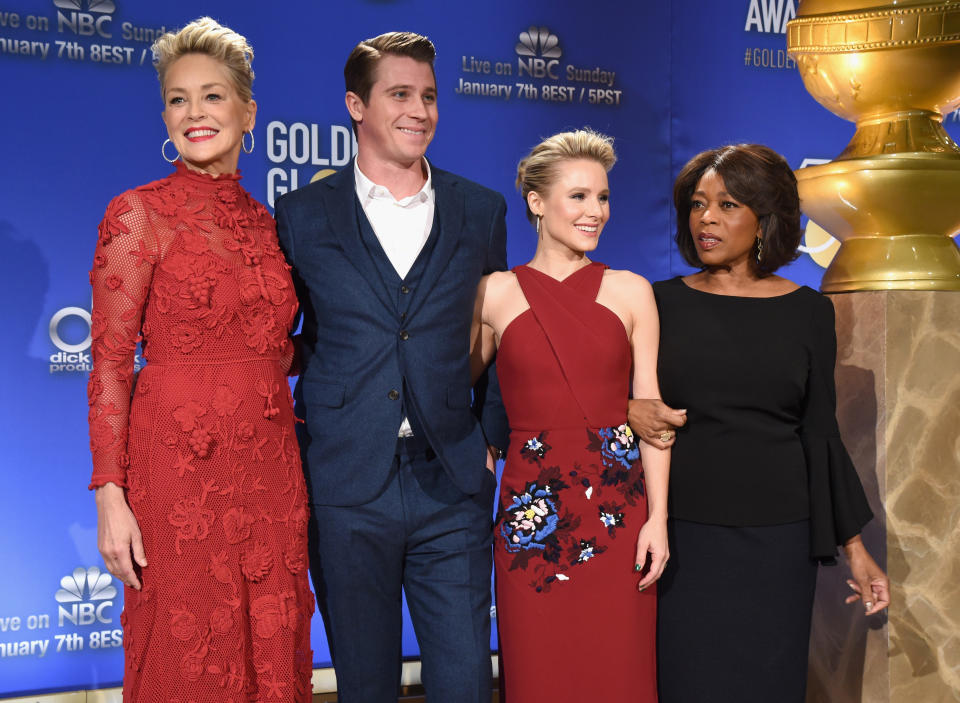 BEVERLY HILLS, CA - DECEMBER 11:  (L-R) Actors Sharon Stone, Garrett Hedlund, Kristen Bell and Alfre Woodard attend Moet & Chandon Toasts The 75th Annual Golden Globe Awards Nominations at The Beverly Hilton Hotel on December 11, 2017 in Beverly Hills, California.  (Photo by Michael Kovac/Getty Images for Moet & Chandon )